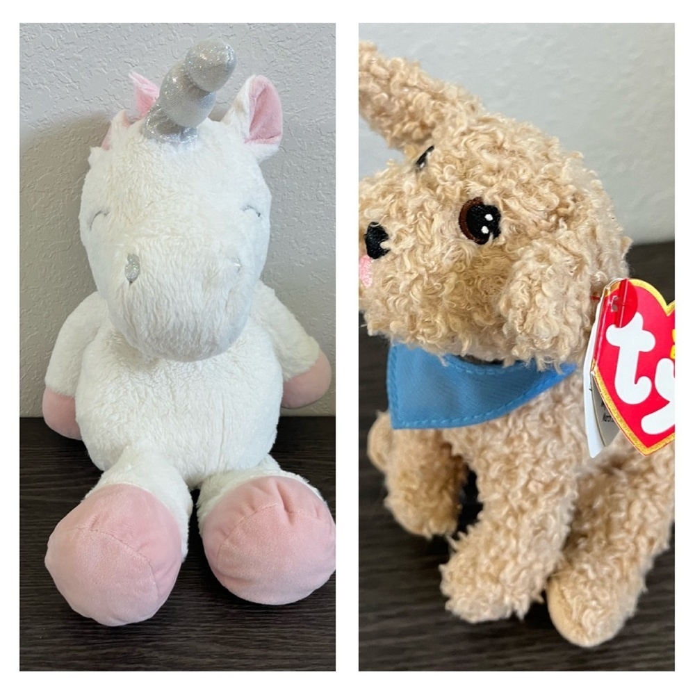 Plush Unicorn‎ and Beanie Baby Magic 1994 Dog Stuffed Animal Set Sold Together
